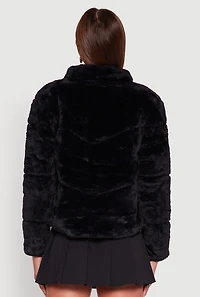 Womens Mock Neck Zip Front Faux Fur Jacket, Black, Size S