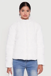 Mock Neck Zip Front Faux Fur Jacket
