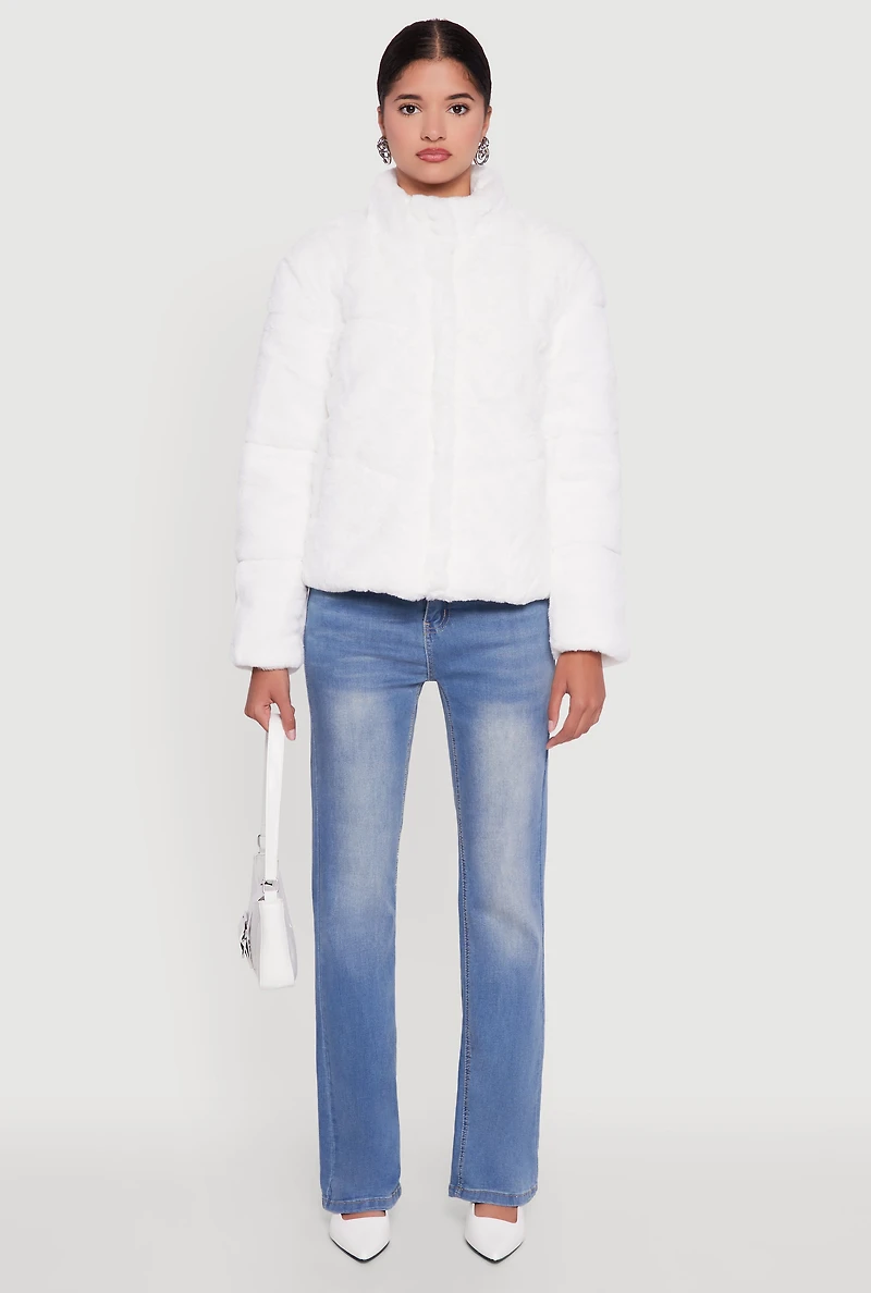 Mock Neck Zip Front Faux Fur Jacket