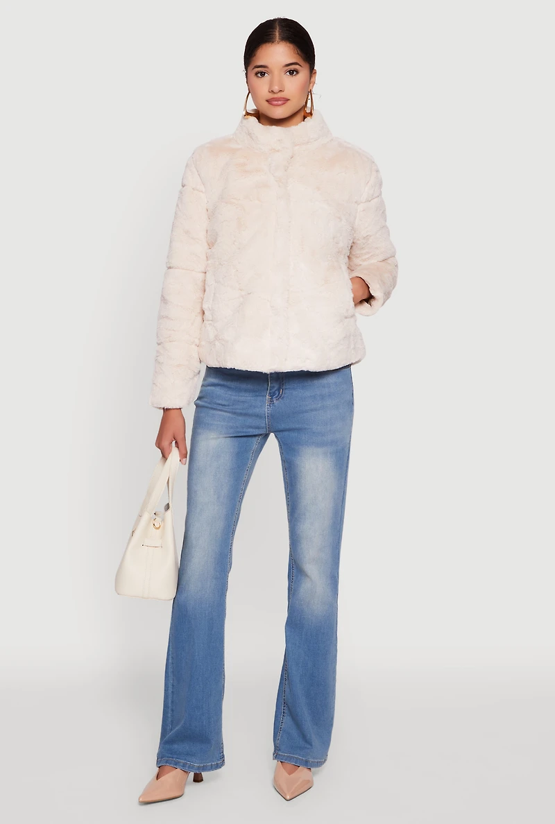 Womens Mock Neck Zip Front Faux Fur Jacket, L