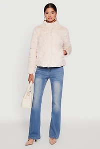 Womens Mock Neck Zip Front Faux Fur Jacket, L