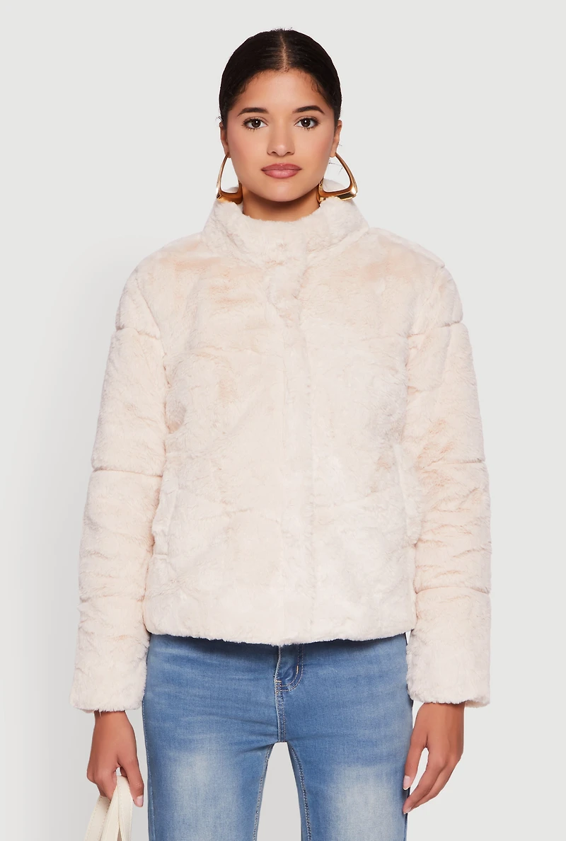Womens Mock Neck Zip Front Faux Fur Jacket, L