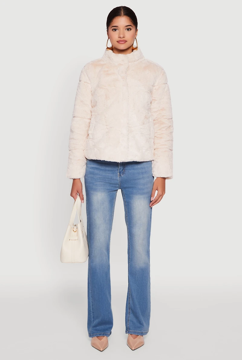 Womens Mock Neck Zip Front Faux Fur Jacket, L