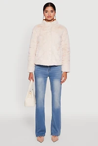 Womens Mock Neck Zip Front Faux Fur Jacket, L