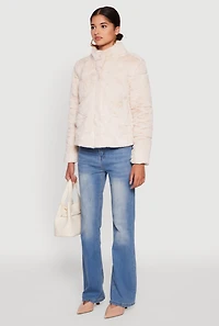 Womens Mock Neck Zip Front Faux Fur Jacket,
