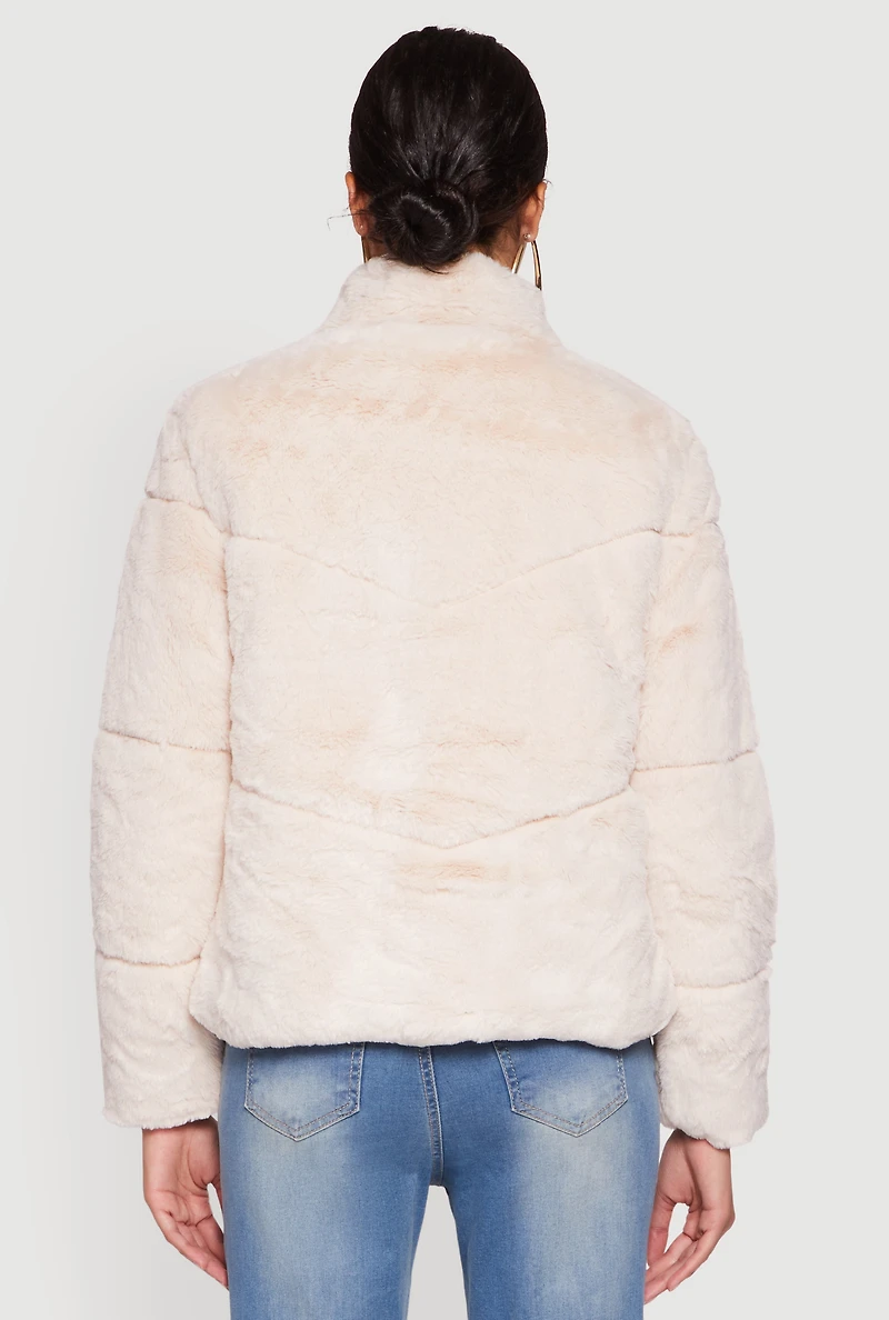 Womens Mock Neck Zip Front Faux Fur Jacket, L