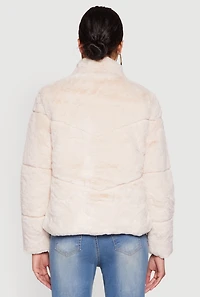 Womens Mock Neck Zip Front Faux Fur Jacket,