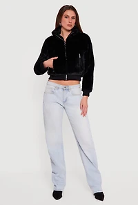 Faux Fur Cropped Long Sleeve Mock Neck Zip Front Jacket