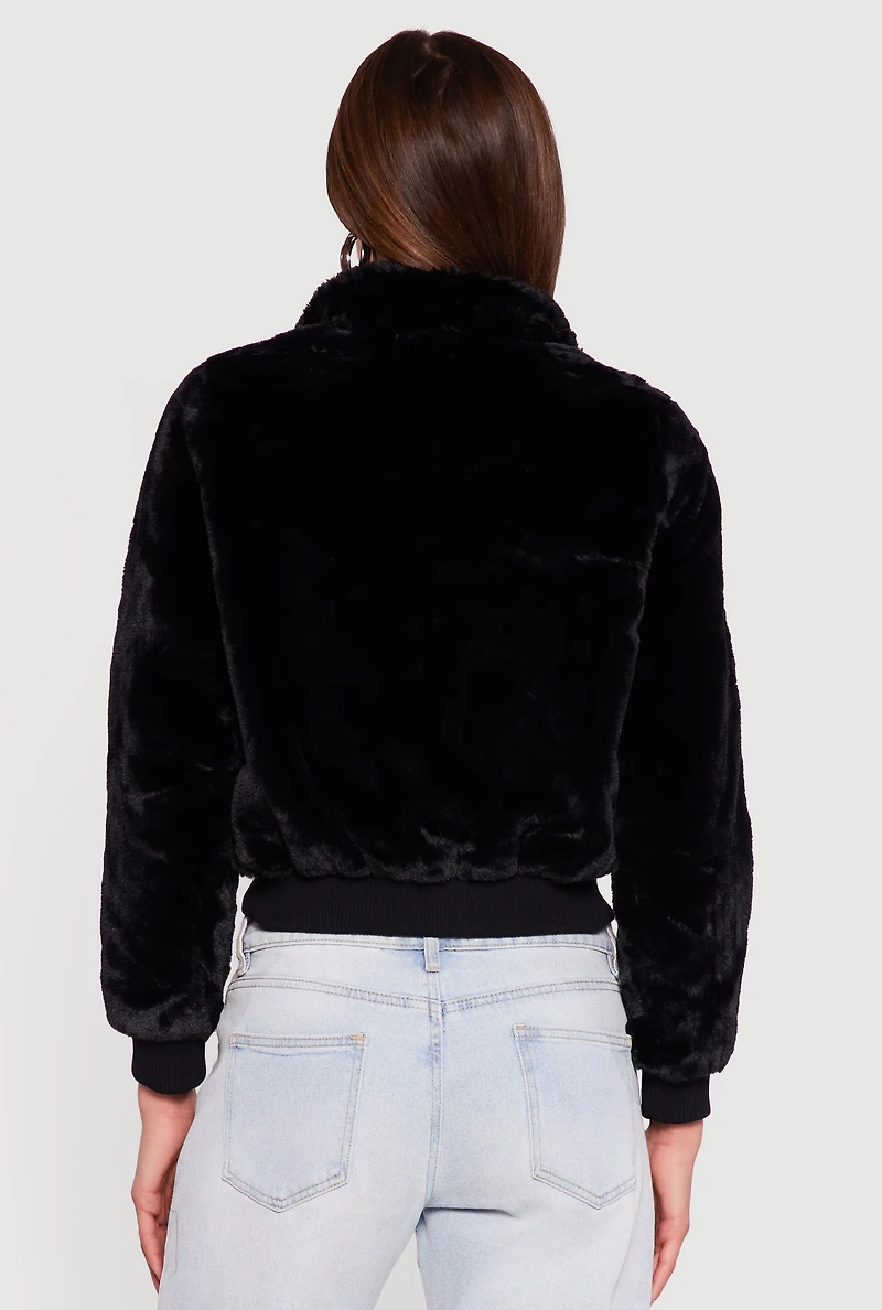 Faux Fur Cropped Long Sleeve Mock Neck Zip Front Jacket