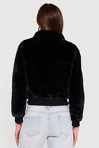 Faux Fur Cropped Long Sleeve Mock Neck Zip Front Jacket