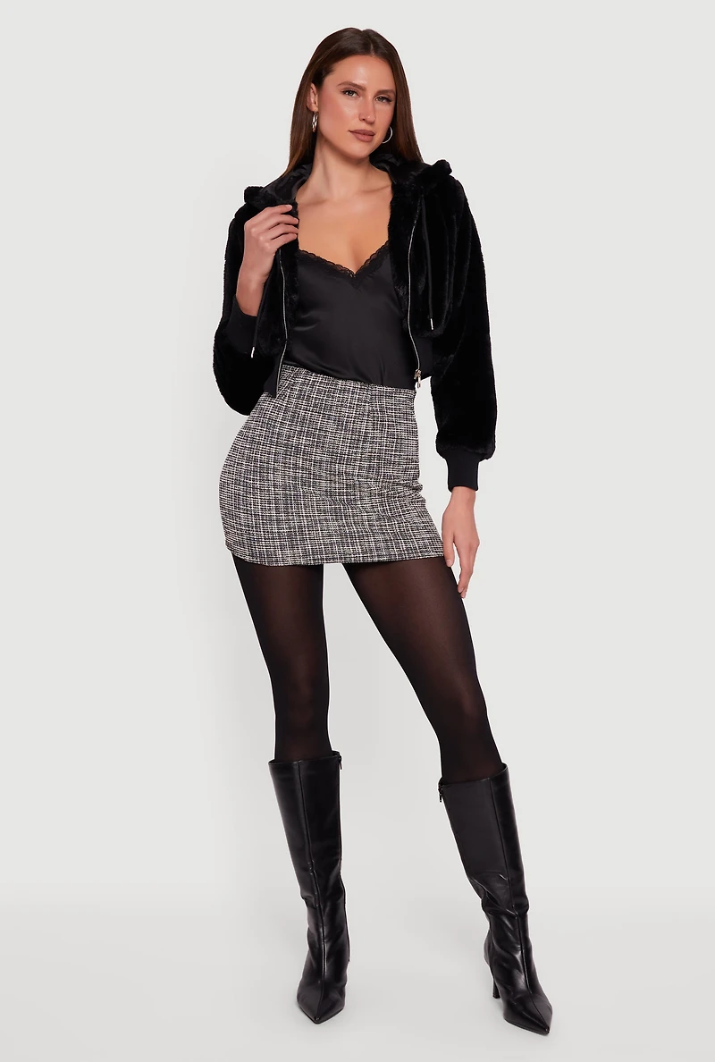 Faux Fur Zip Front Hooded Cropped Jacket