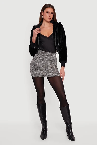 Faux Fur Zip Front Hooded Cropped Jacket