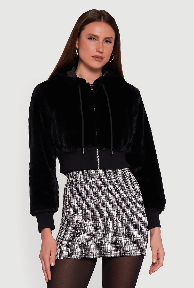 Faux Fur Zip Front Hooded Cropped Jacket