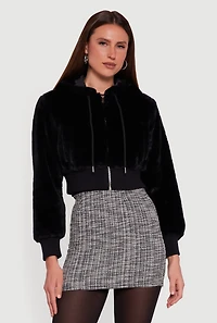 Faux Fur Zip Front Hooded Cropped Jacket
