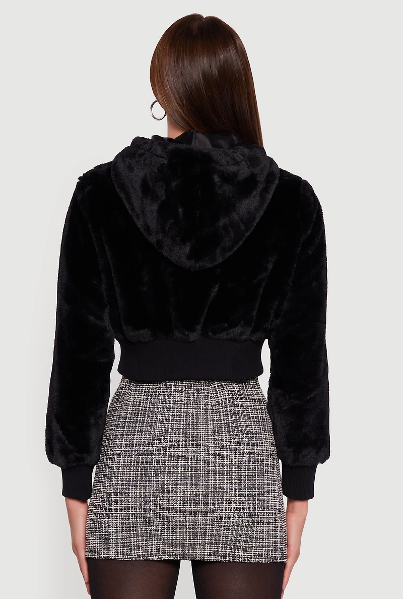 Faux Fur Zip Front Hooded Cropped Jacket