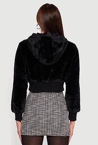 Faux Fur Zip Front Hooded Cropped Jacket