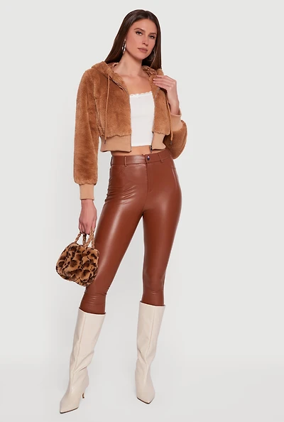 Womens Faux Fur Zip Front Hooded Cropped Jacket,