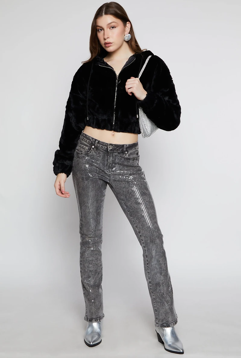 Faux Fur Zip Front Hooded Cropped Jacket