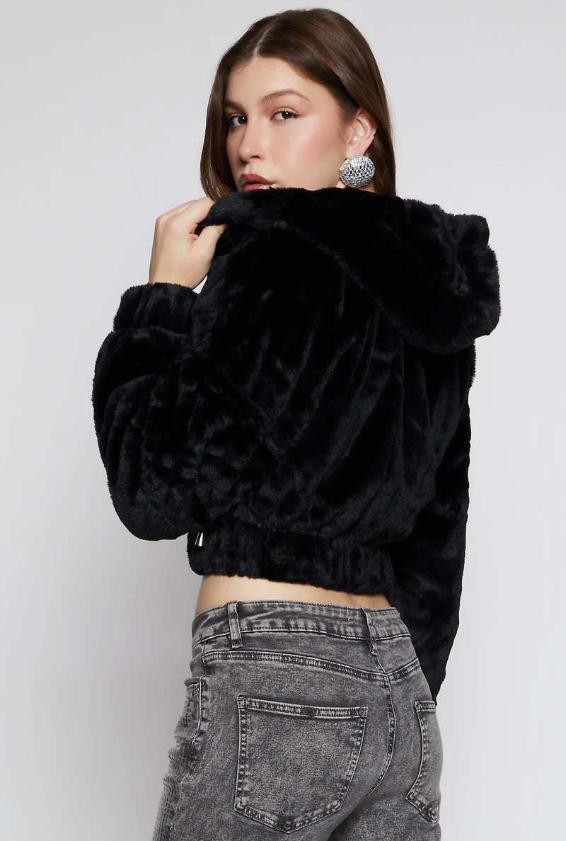 Faux Fur Zip Front Hooded Cropped Jacket