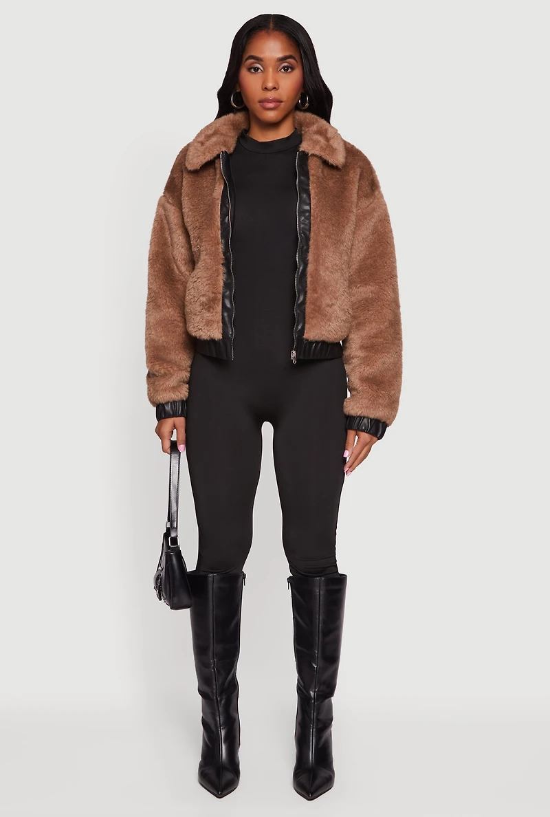 Faux Fur Zip Front Bomber Jacket