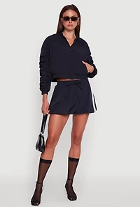 Womens Ruched Long Sleeve Zip Front Windbreaker Jacket, Black, Size M