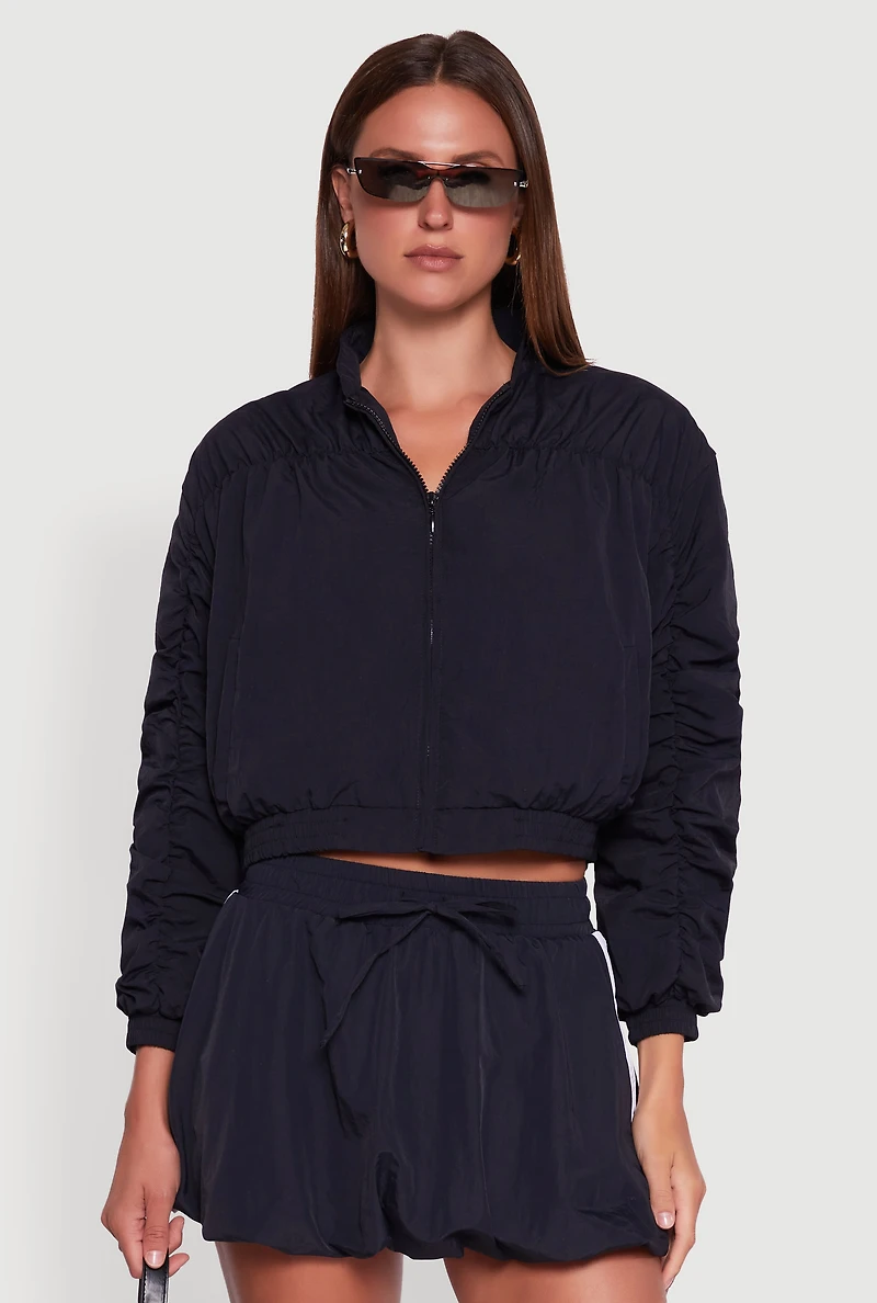 Womens Ruched Long Sleeve Zip Front Windbreaker Jacket, Black, Size L