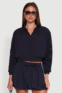 Womens Ruched Long Sleeve Zip Front Windbreaker Jacket, Black, Size M