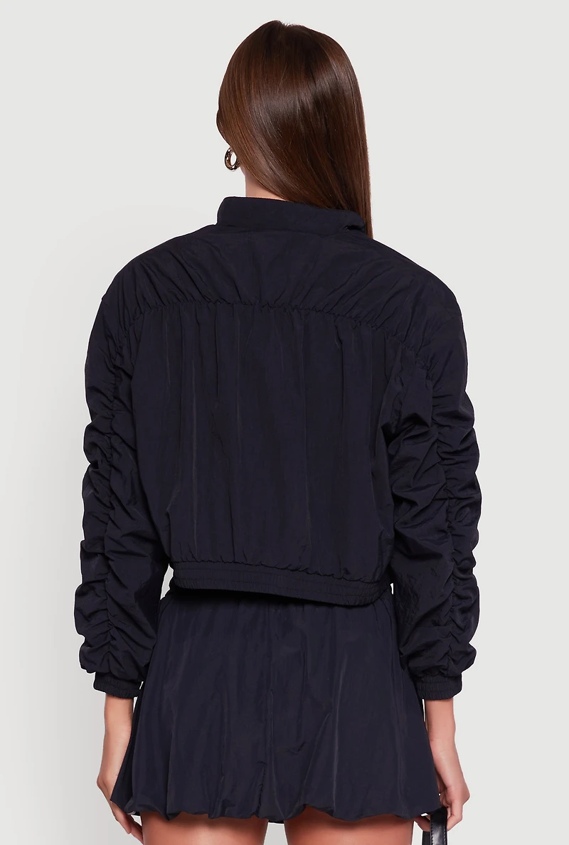 Womens Ruched Long Sleeve Zip Front Windbreaker Jacket, Black, Size M