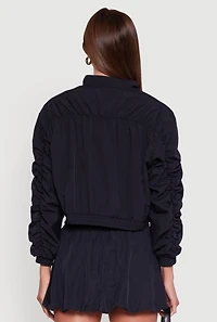 Womens Ruched Long Sleeve Zip Front Windbreaker Jacket, Black, Size M