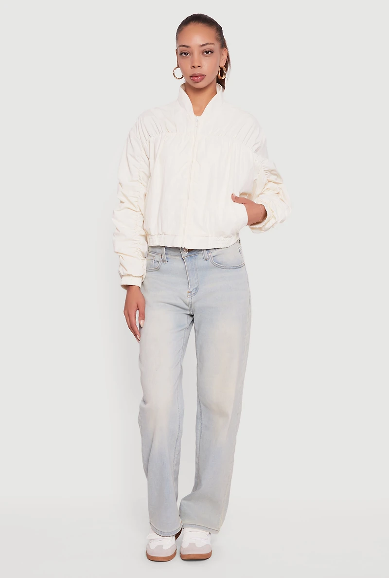 Womens Ruched Long Sleeve Zip Front Windbreaker Jacket, White,