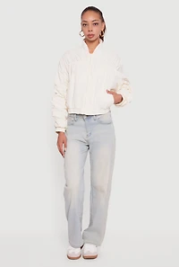 Womens Ruched Long Sleeve Zip Front Windbreaker Jacket, White,