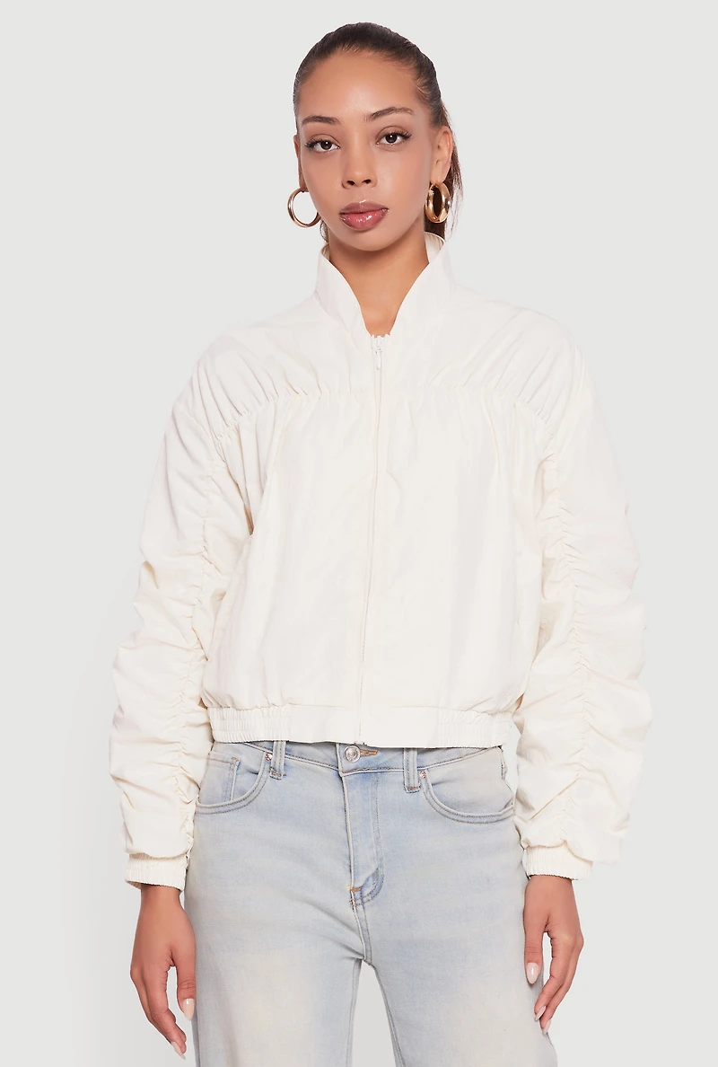 Womens Ruched Long Sleeve Zip Front Windbreaker Jacket, White,