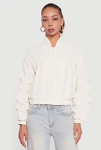 Womens Ruched Long Sleeve Zip Front Windbreaker Jacket, White,