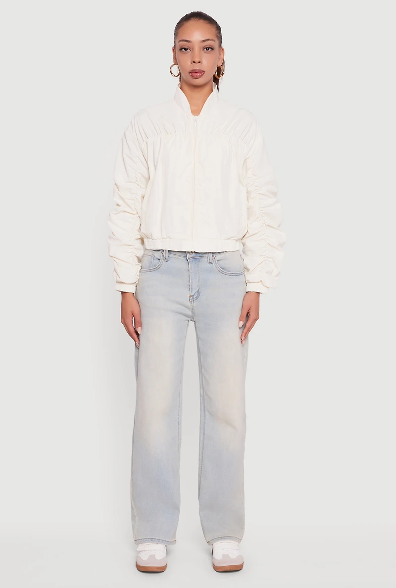 Womens Ruched Long Sleeve Zip Front Windbreaker Jacket, White,