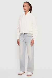Womens Ruched Long Sleeve Zip Front Windbreaker Jacket, White,