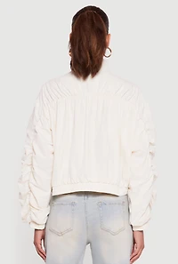 Womens Ruched Long Sleeve Zip Front Windbreaker Jacket, White,