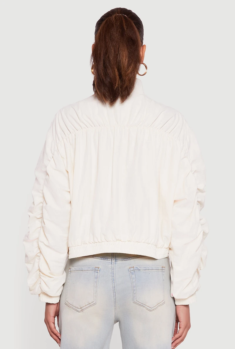 Womens Ruched Long Sleeve Zip Front Windbreaker Jacket, White, Size S
