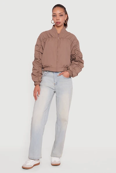 Womens Ruched Long Sleeve Zip Front Windbreaker Jacket,