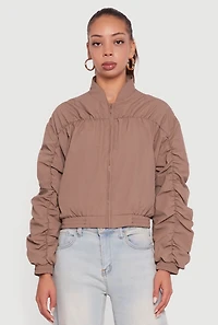 Womens Ruched Long Sleeve Zip Front Windbreaker Jacket,