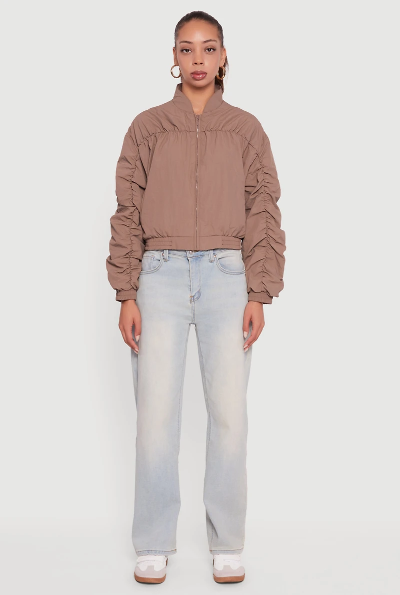 Womens Ruched Long Sleeve Zip Front Windbreaker Jacket,