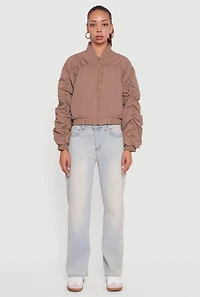 Womens Ruched Long Sleeve Zip Front Windbreaker Jacket,