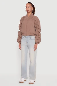 Womens Ruched Long Sleeve Zip Front Windbreaker Jacket,