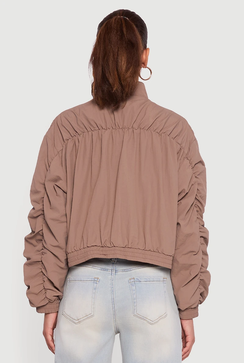 Womens Ruched Long Sleeve Zip Front Windbreaker Jacket,