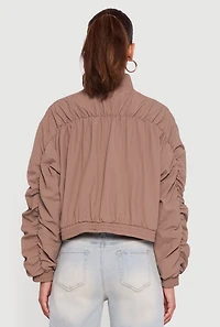 Womens Ruched Long Sleeve Zip Front Windbreaker Jacket,