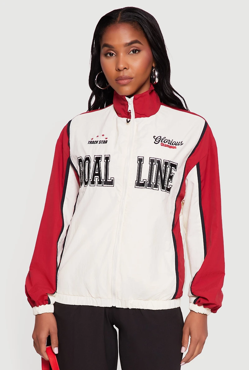Womens Color Blocked Goal Line Graphic Windbreaker Jacket, White,