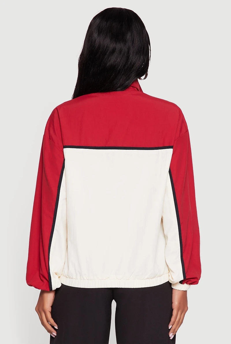 Womens Color Blocked Goal Line Graphic Windbreaker Jacket, White,