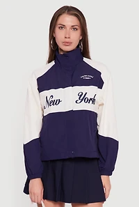 Womens Color Blocked The Big Apple Graphic Windbreaker Jacket, Blue,