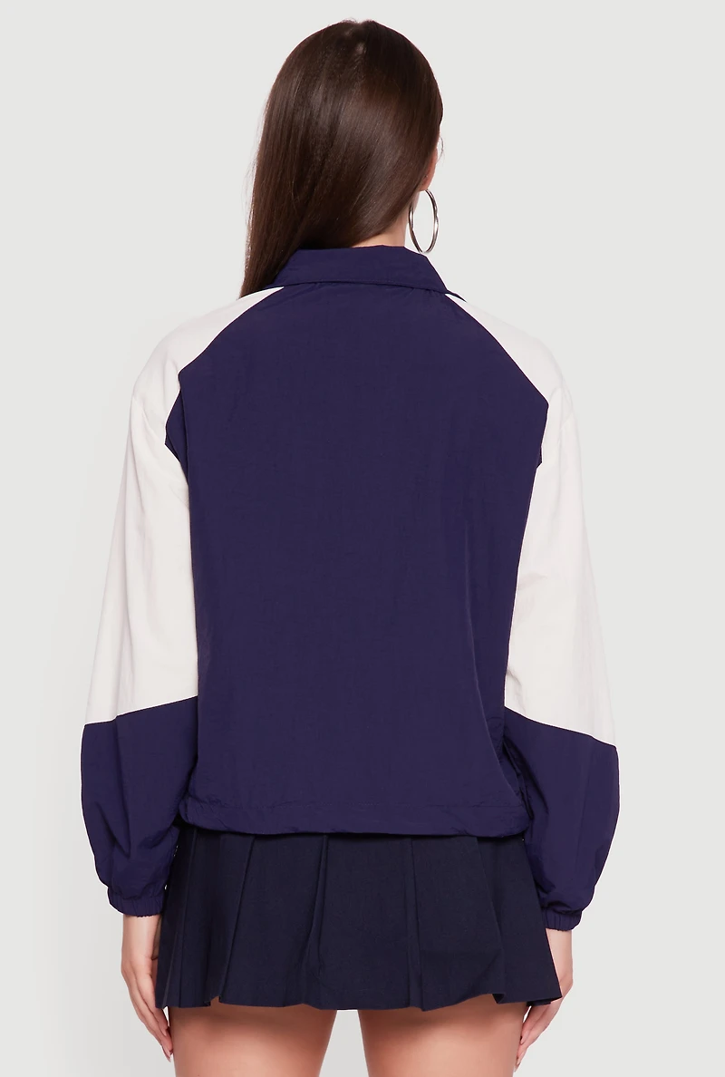 Womens Color Blocked The Big Apple Graphic Windbreaker Jacket, Blue,