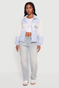 Womens Color Blocked The Big Apple Graphic Windbreaker Jacket, Blue,