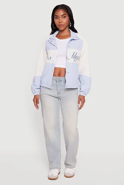 Womens Color Blocked The Big Apple Graphic Windbreaker Jacket, Blue,